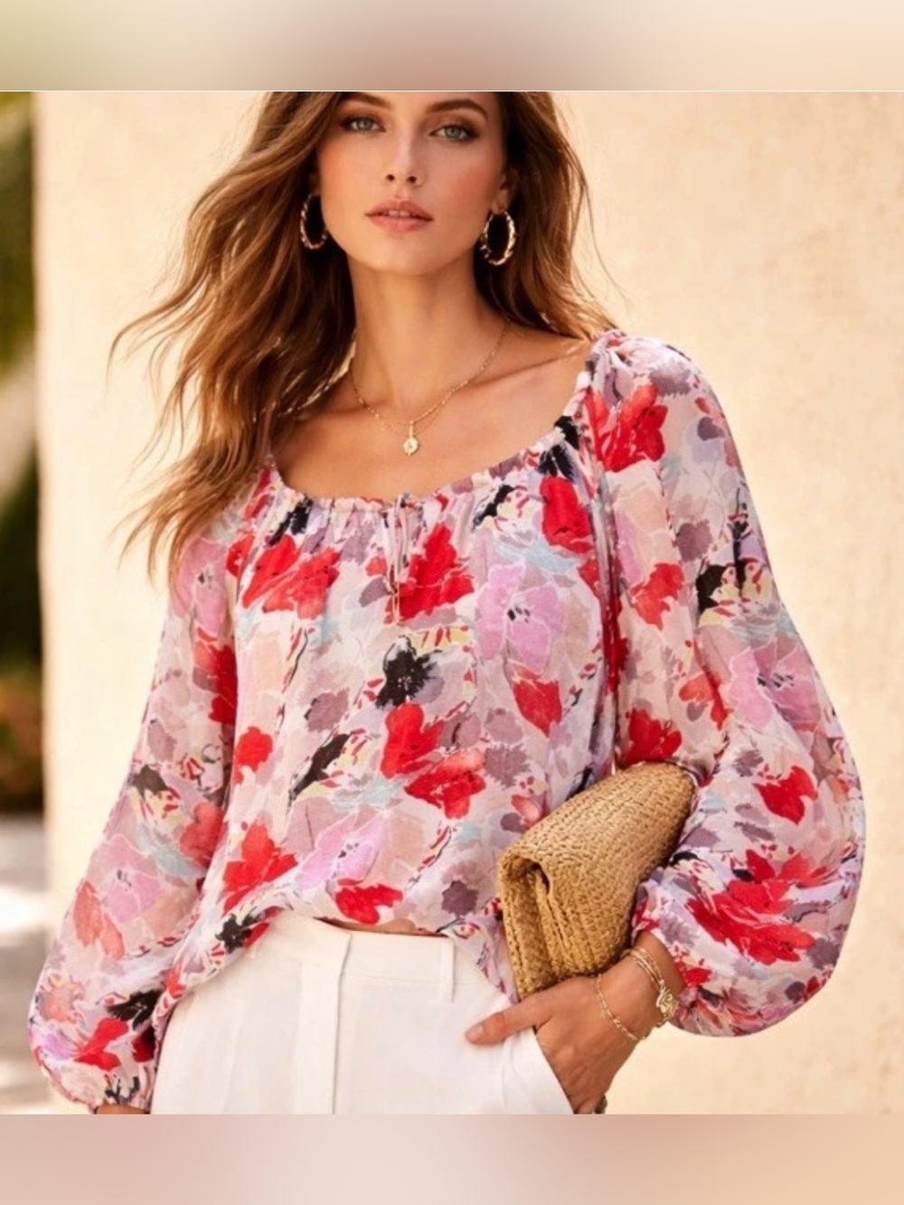 Parker 100% Silk Floral Blouse M Coral Pink Cream Long Sleeve Tie Neck Boho